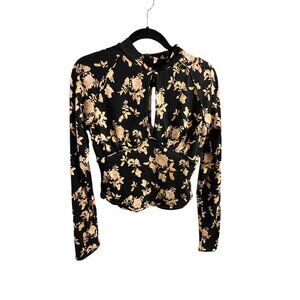 💰BOGO💰 Free People Black, Ivory Flowers, Keyhole Top Blouse Super Soft s